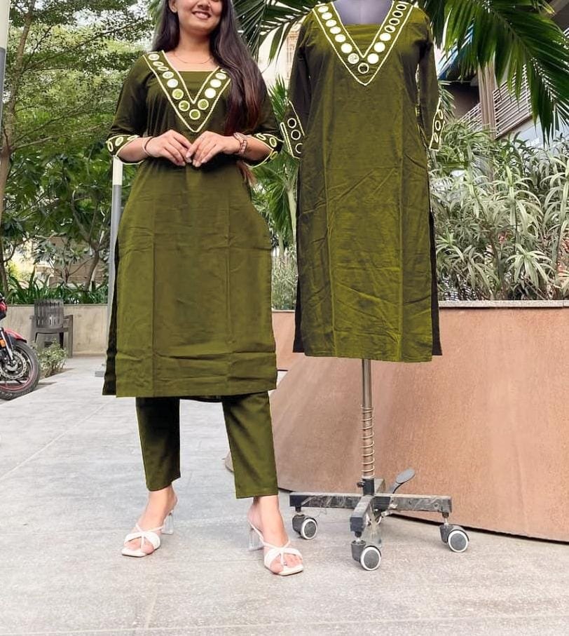 Green Cotton Kurti Pant Set with Mirror Embroidery